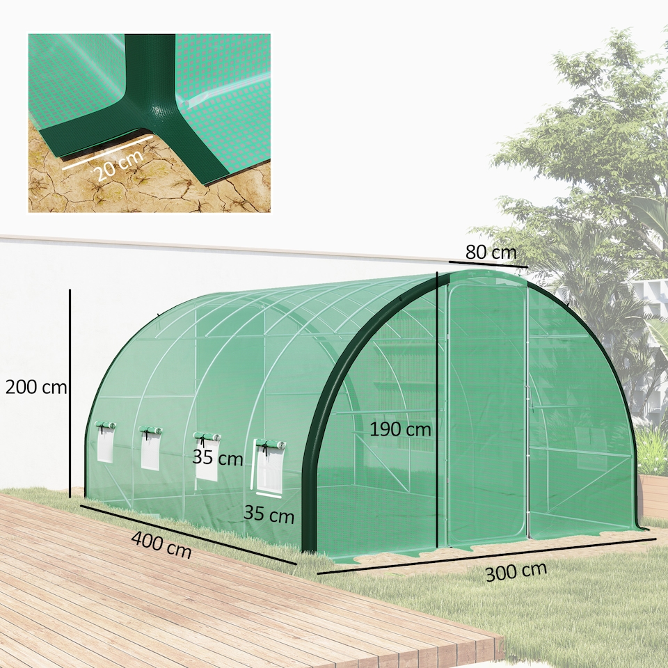 image 1 of Outsunny Tunnel Greenhouse Upgraded Structure, Hinged Doors, 4 x 3 m, Green | Green | 1
