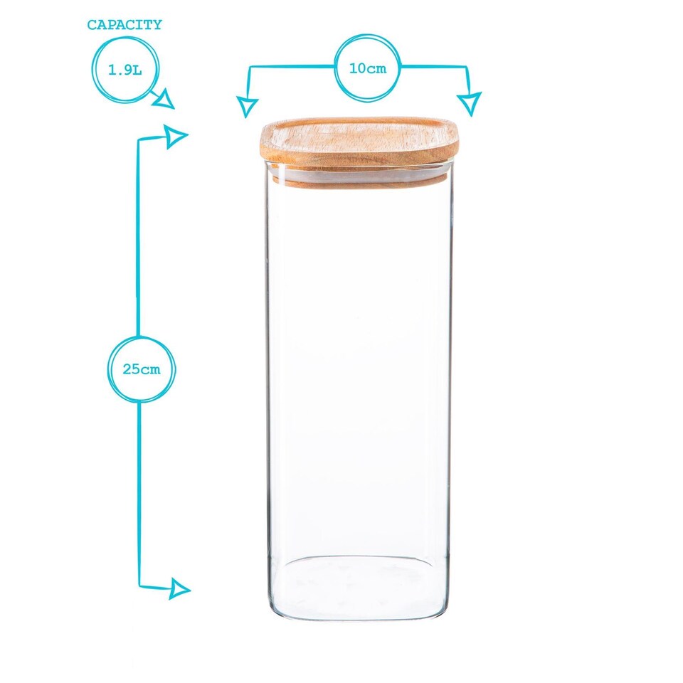image 1 of Argon Tableware Square Glass Storage Jars with Wooden Lids - 1.9 Litre - Pack of 3