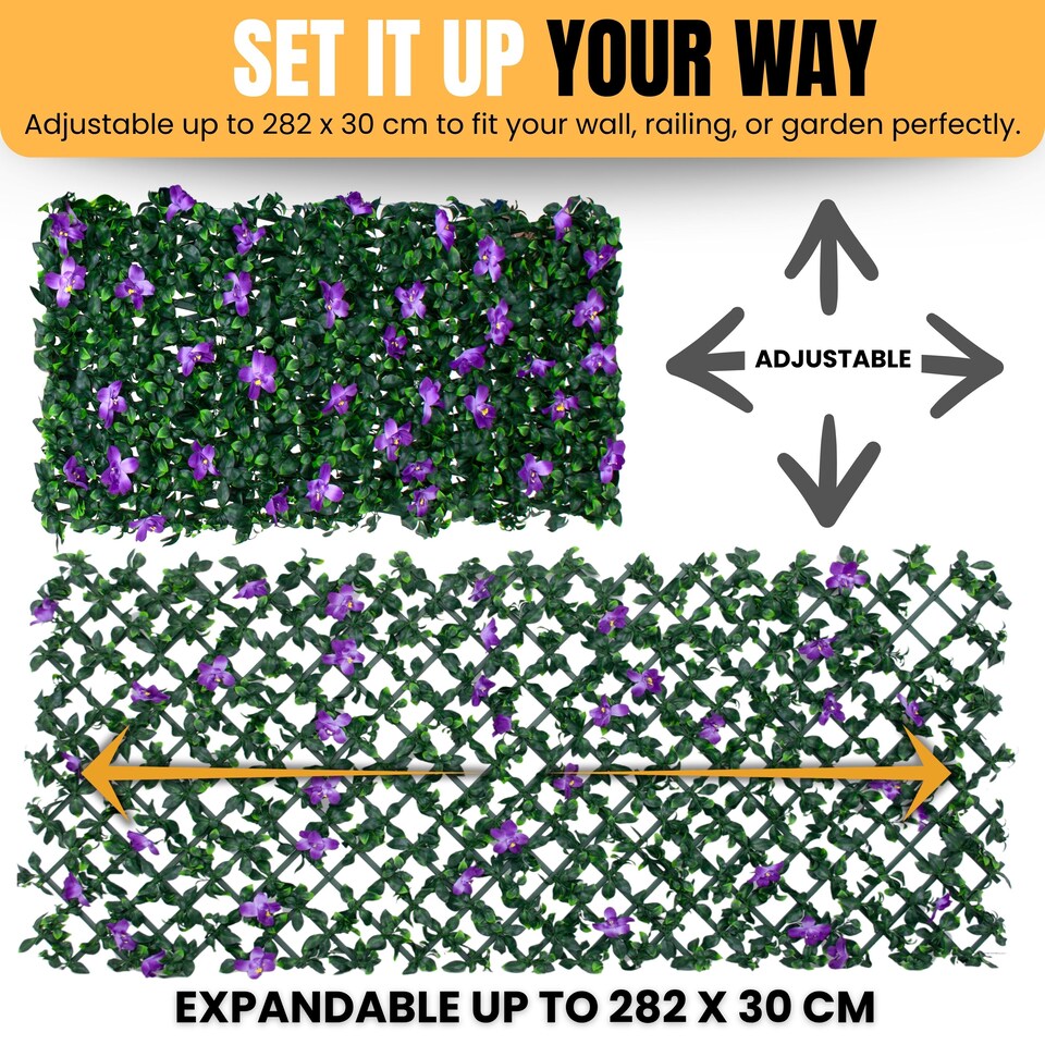 image 1 of Expanding Trellis With Artificial Leaves and Flowers - Ficus Leaf Garden Hedge Balcony Privacy Screening Panel | Green | Green & Purple | M | 1
