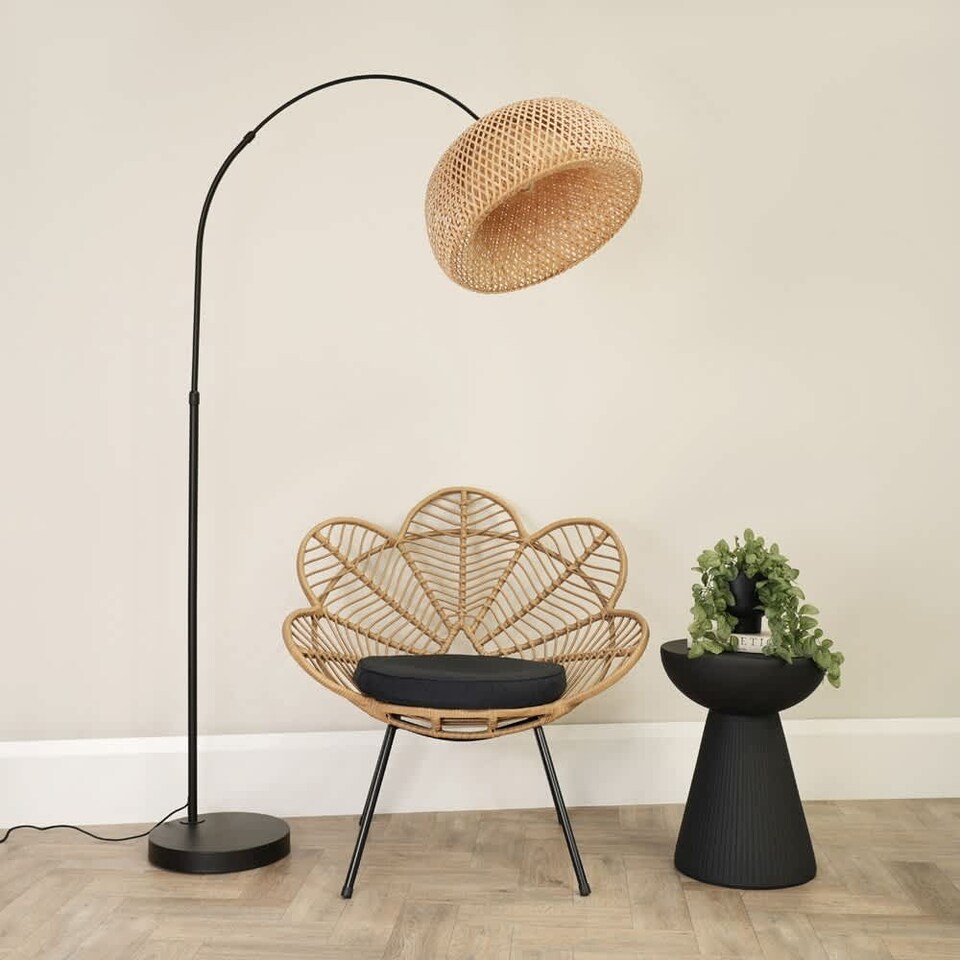 image 1 of ValueLights Louis Black Arched Curved Floor Lamp with Bamboo Donut Shade | Cream