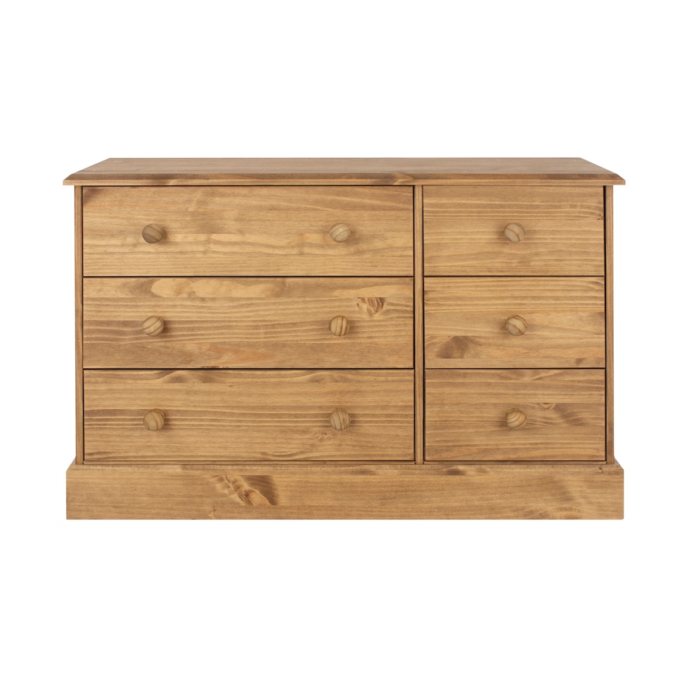 image 1 of Cotswold 3+3 Drawer Wide Chest of Drawers - Antique Waxed Pine Bedroom Storage with Turned Handles | Brown | Brown | 1