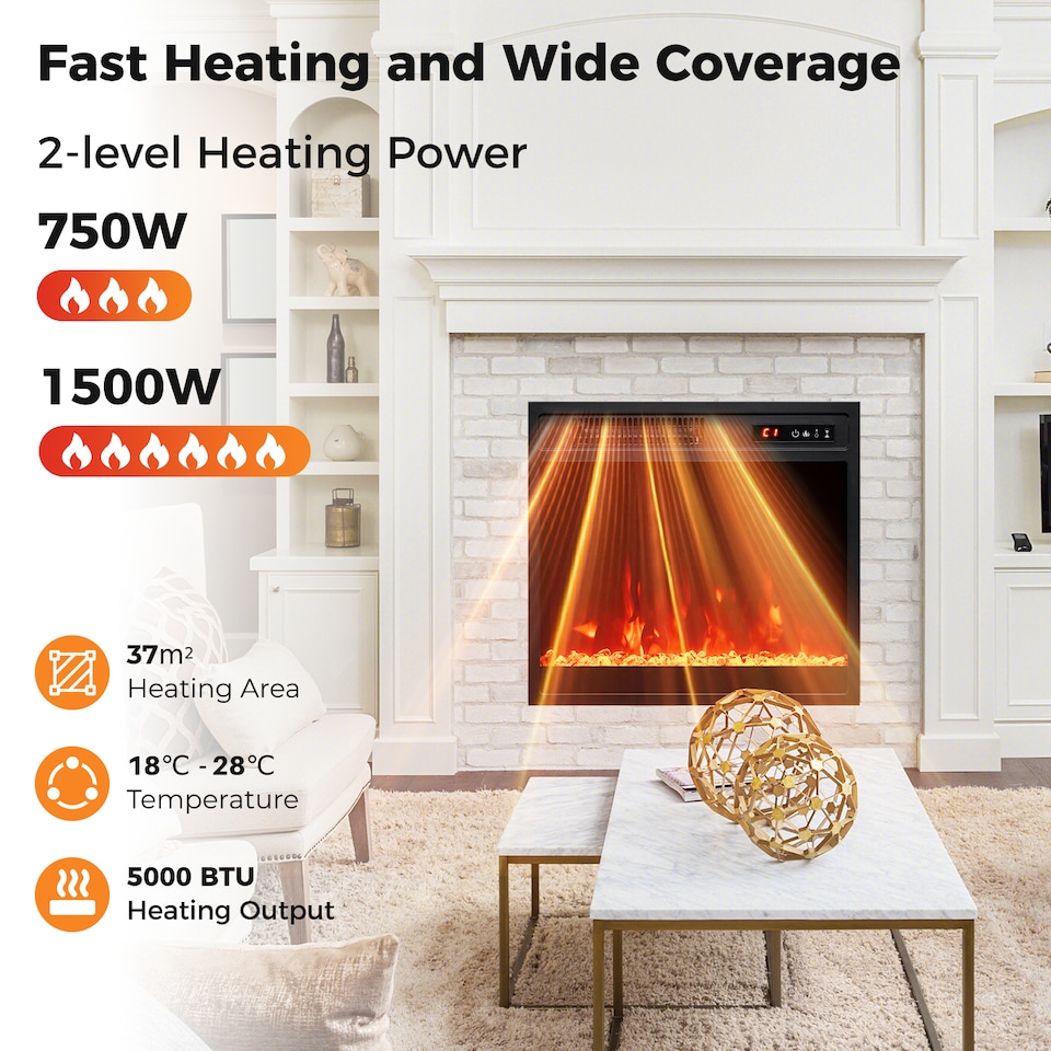 image 1 of COSTWAY Electric Fireplace Insert 750W/1500W Fireplace Black
