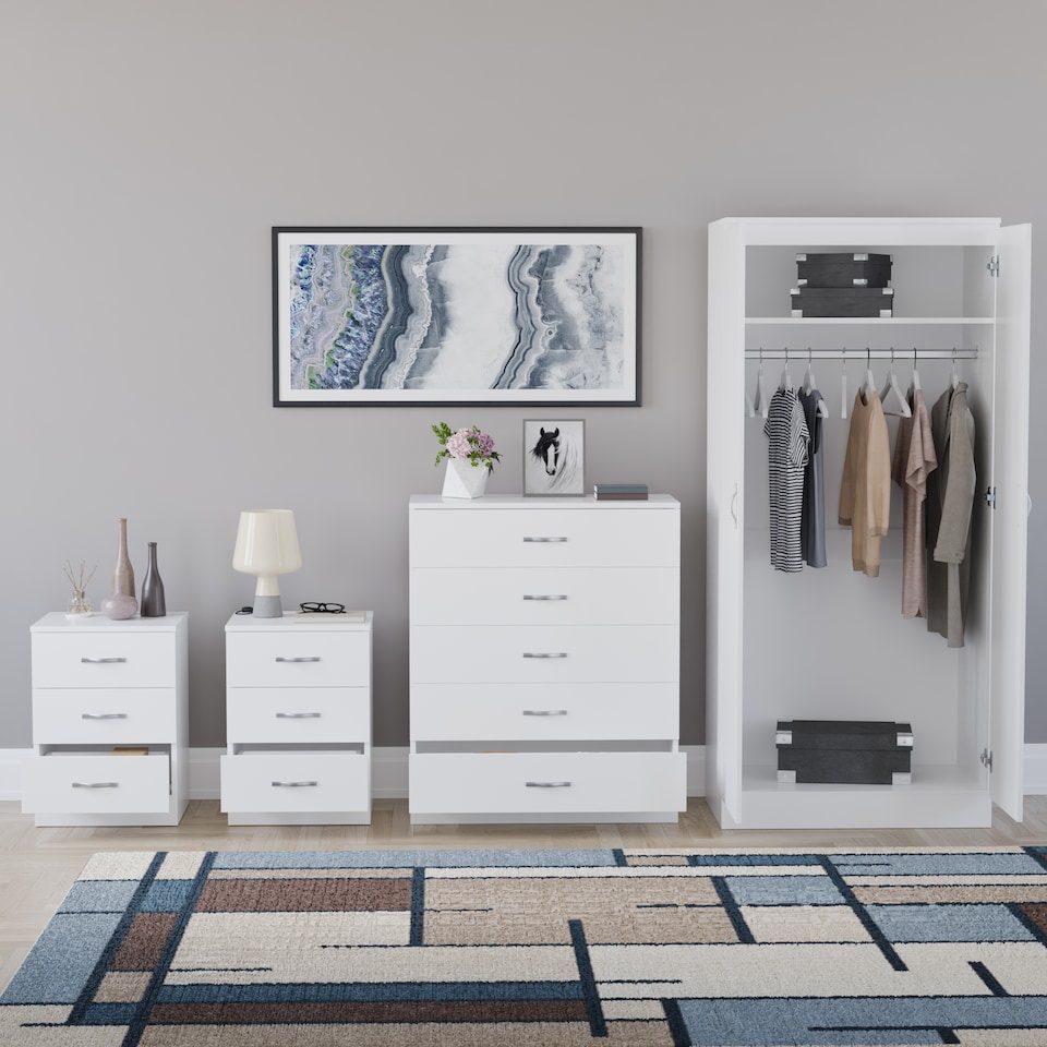 image 1 of Vida Designs Riano 4 Piece Bedroom Set (3 Drawer Bedside Chest, 5 Drawer Chest, 2 Door Wardrobe) White (5)