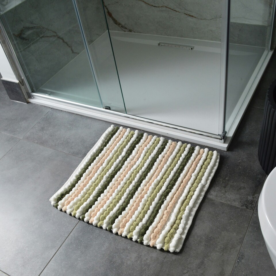 image 1 of Striped Chunky Bobble Shower Mat, Square Bath Mat - Green