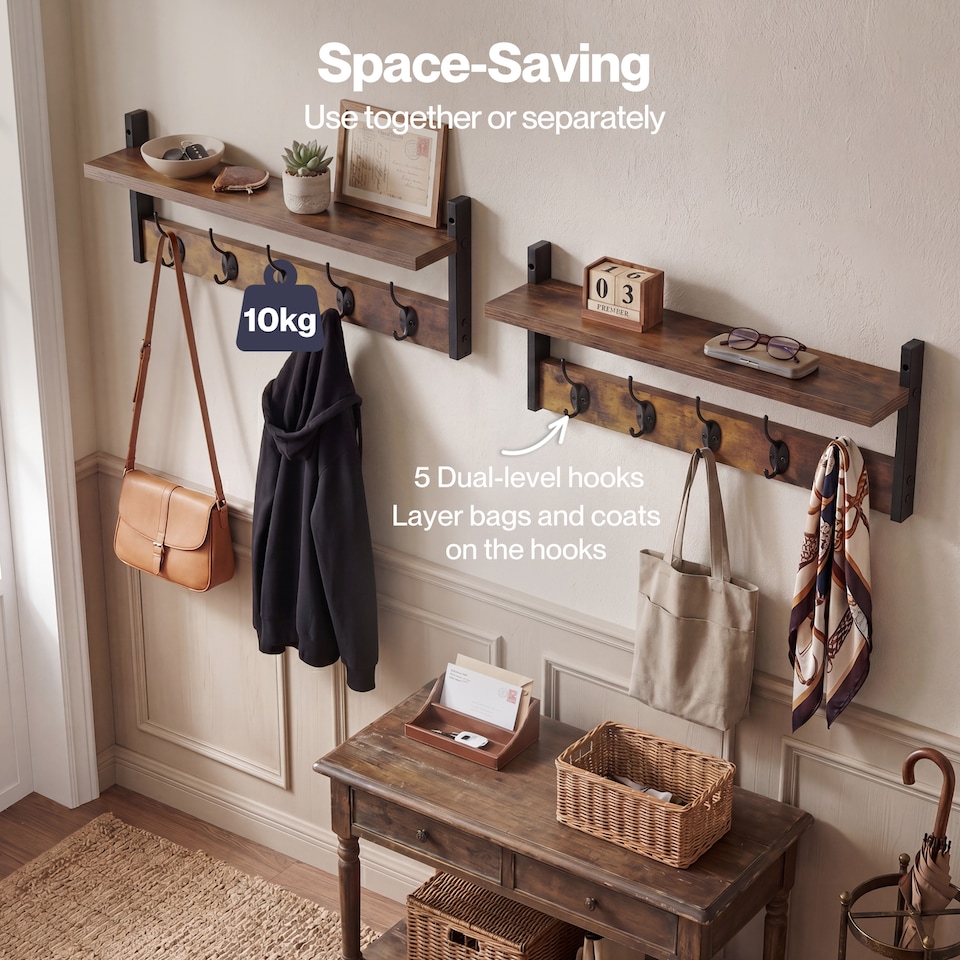 image 1 of Levede Coat Rack Wall Mounted Wooden Hooks Hangers Storage Shelf 2 Pack Brown
