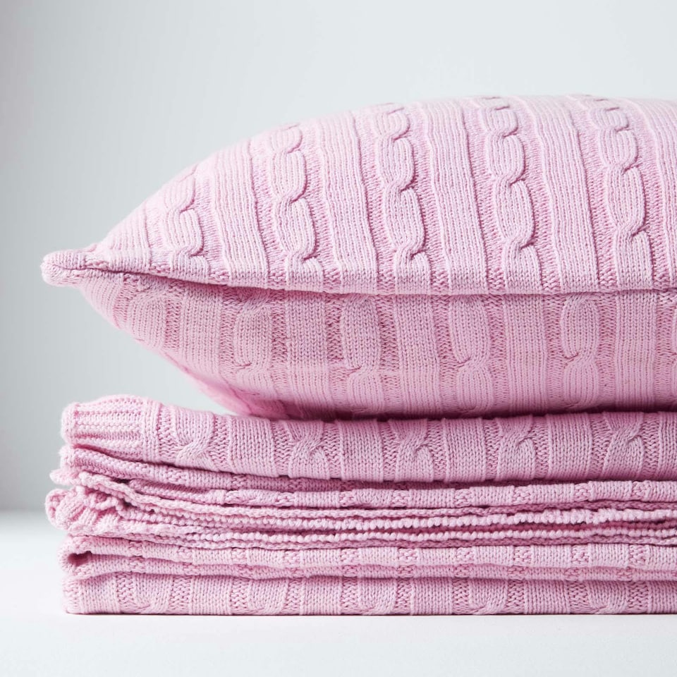 image 1 of Homescapes Cotton Cable Knit Pastel Pink Cushion Cover - 45 x 45 cm | Pink | Pink | 45 x 45 cm