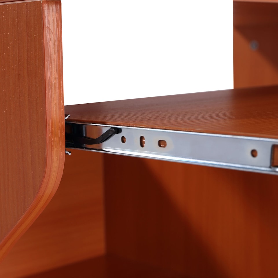 image 1 of HOMCOM Computer Desk with Sliding Keyboard Tray, Mobile Home Office Desk, Study Table with Storage Shelves, PC Desk on Wheels, Cherry Wood Colour