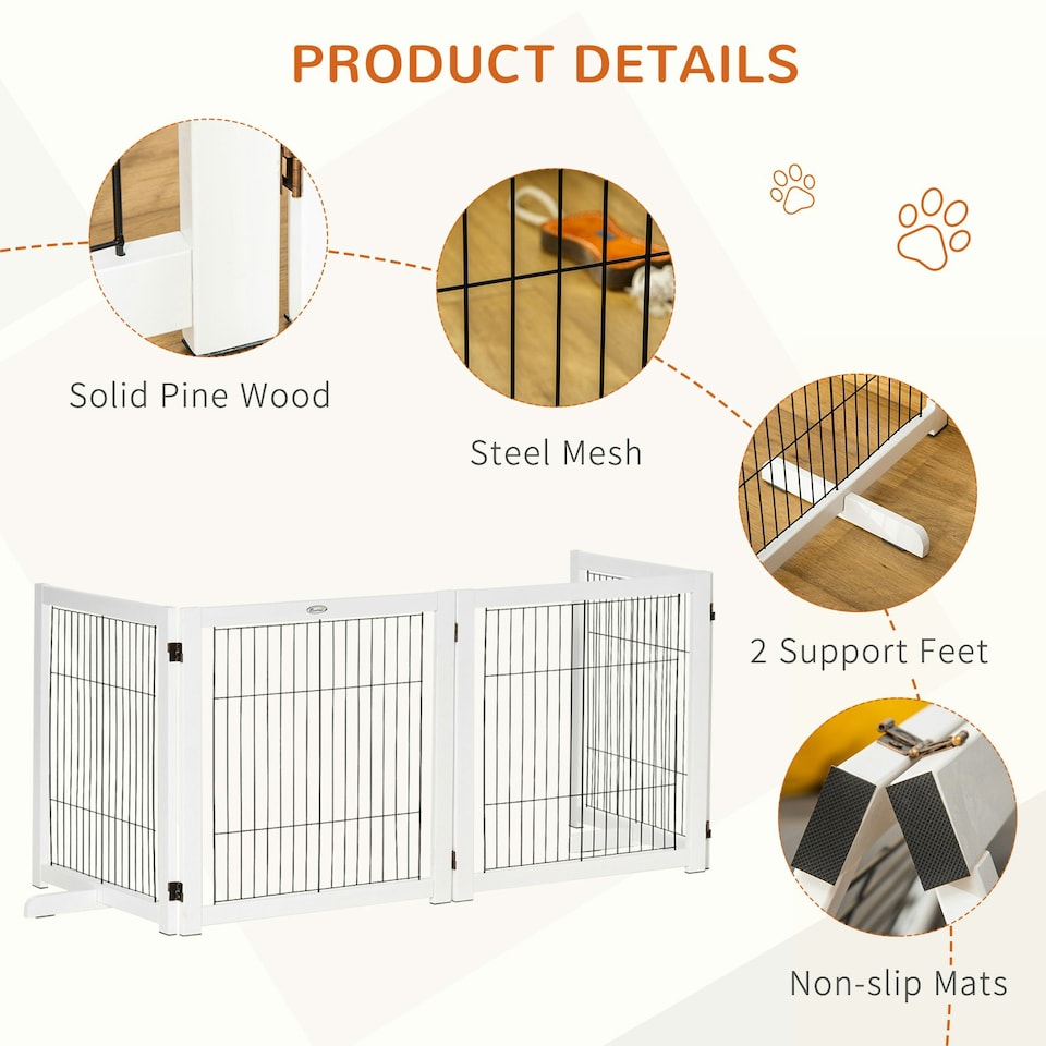 image 1 of PawHut Freestanding Pet Gate Safety Barrier 4 Pannel with Support Feet White