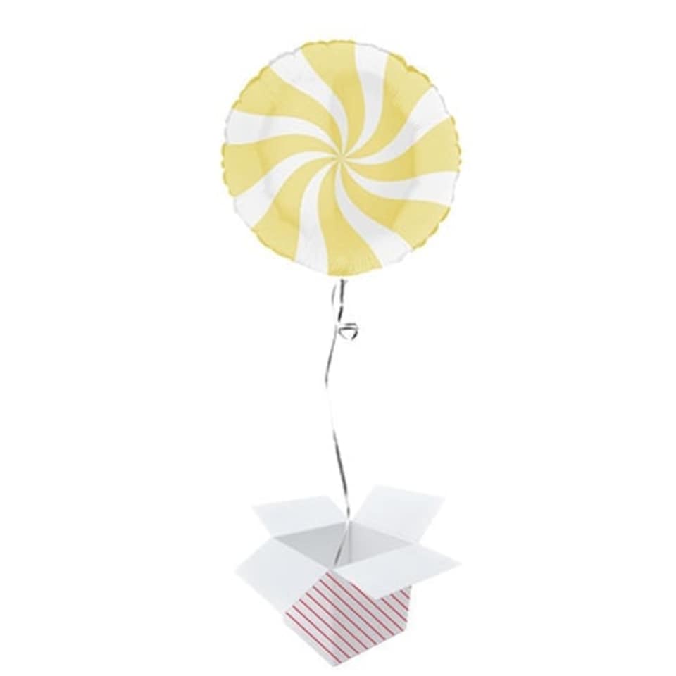 White & Matte Yellow Candy Swirl Round Foil Helium Balloon - Inflated Balloon in a Box