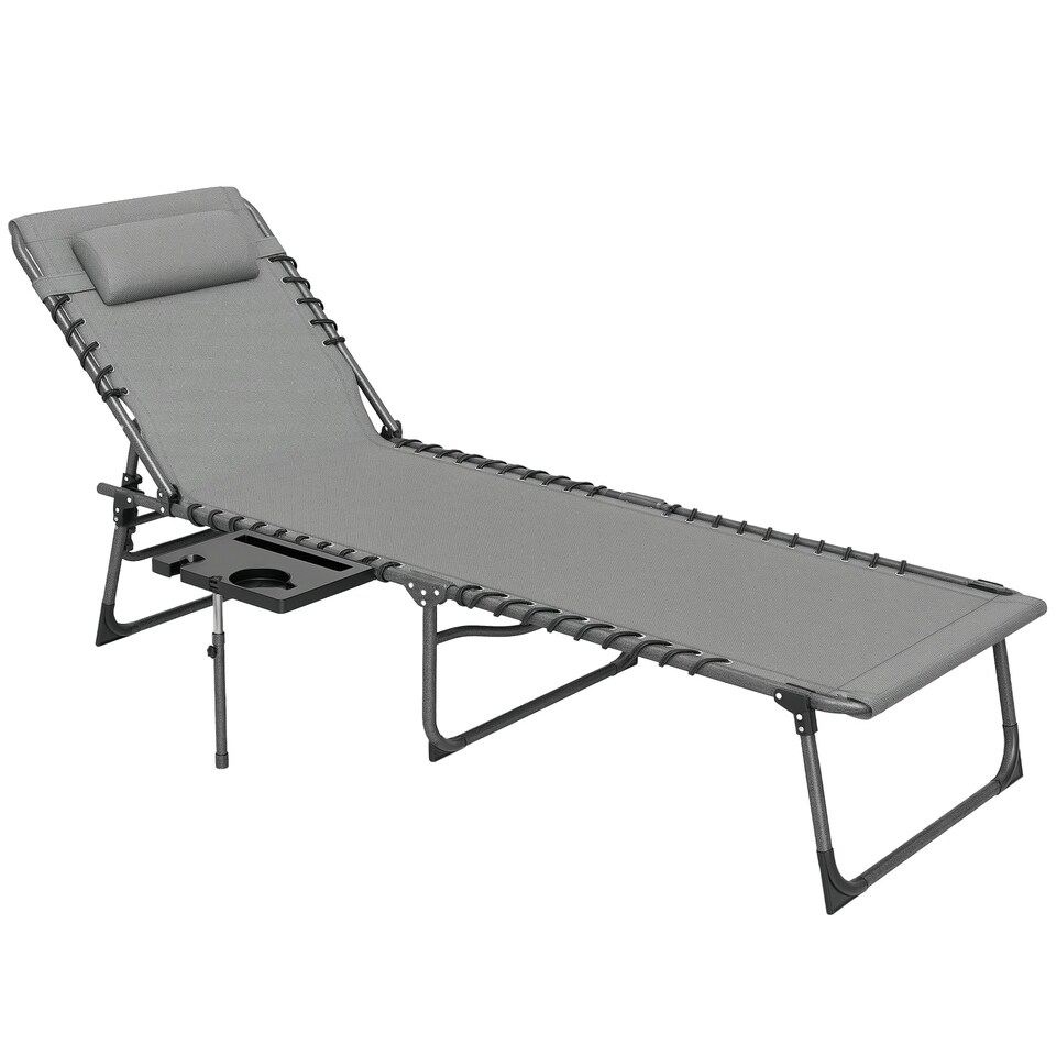 image 1 of Outsunny Folding Sun Lounger with 5-Level Reclining Back, Side Table, Beige