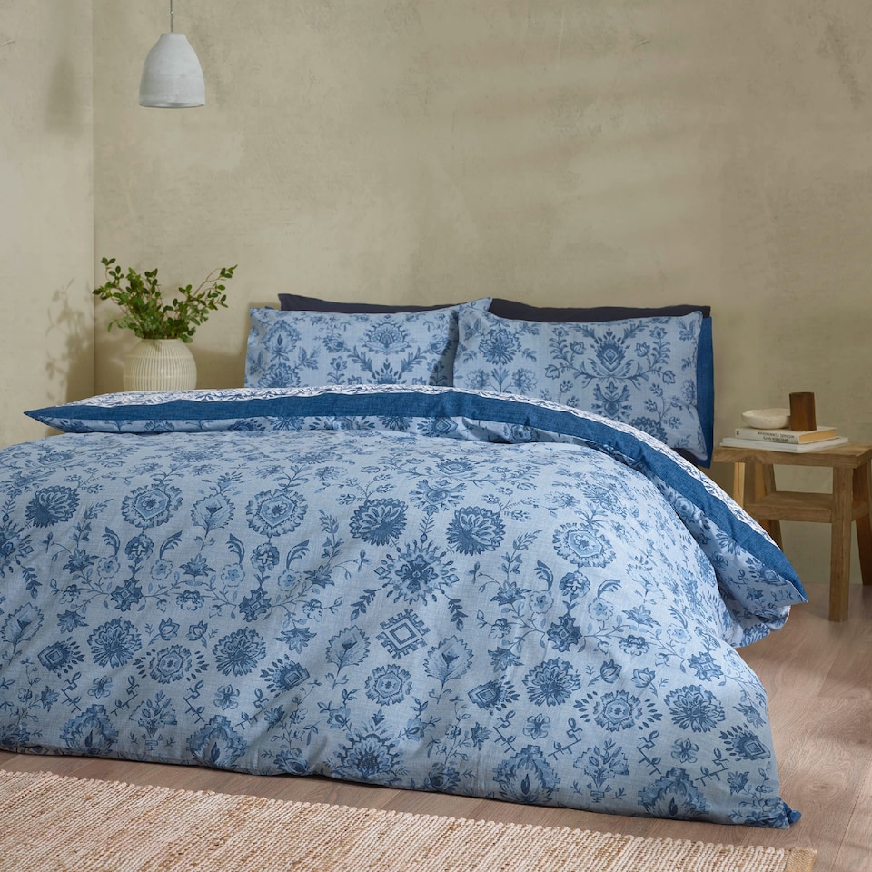 image 1 of Catherine Lansfield Zoukara Floral Reversible Duvet Cover Set | Blue | Double