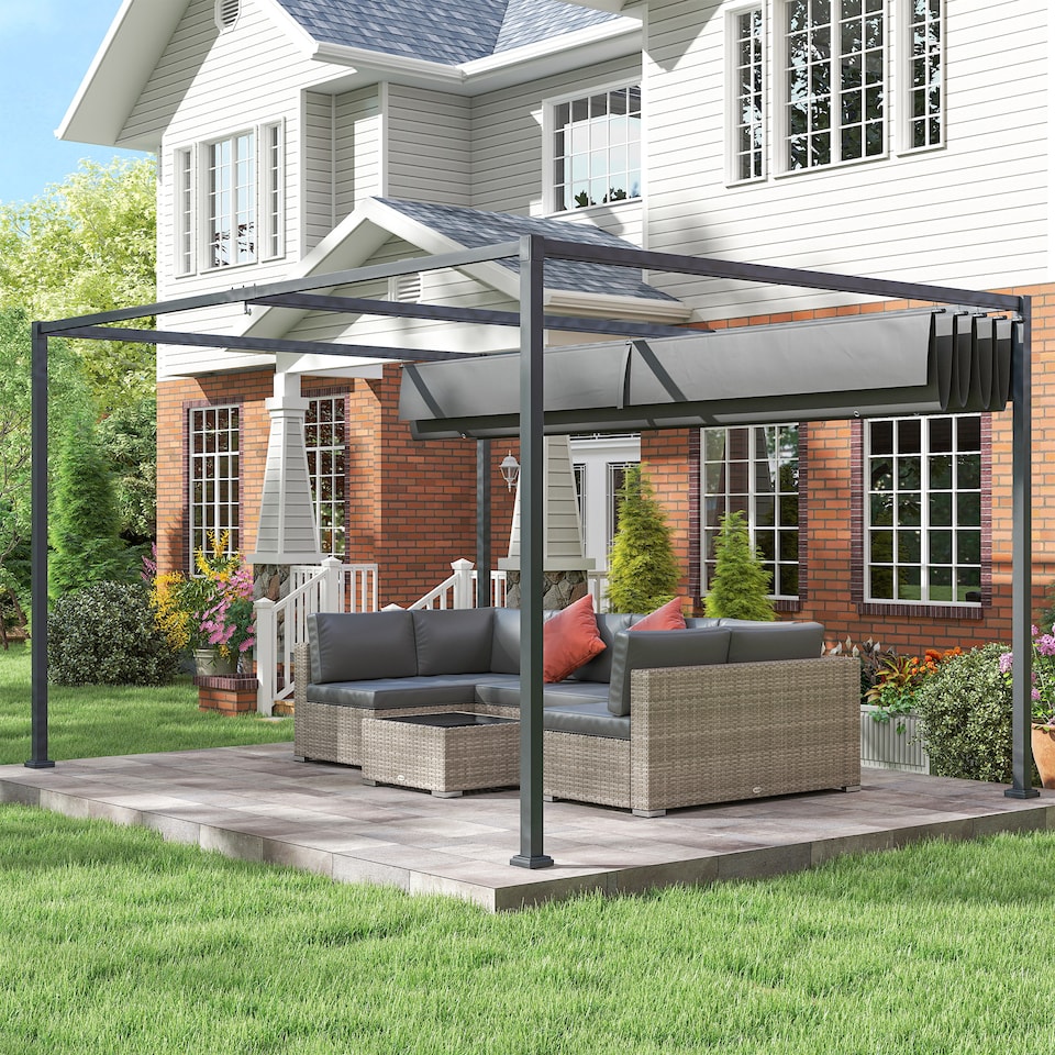 image 1 of Outsunny 4 x 3(m) Metal Outdoor Pergola with Retractable Roof, Outdoor Gazebo with Drainage Holes for Garden, Patio, Lawn, Grey