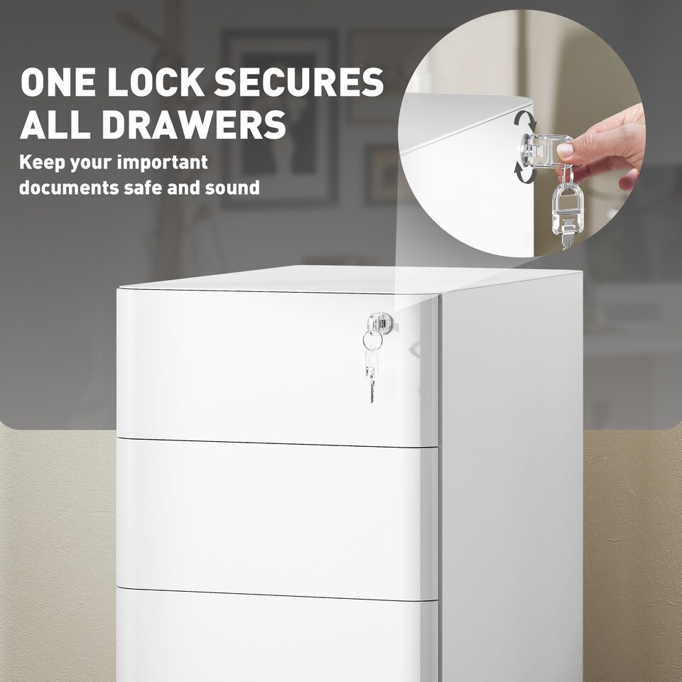 image 1 of Vinsetto 3-Drawer Mobile Filing Cabinet, Lockable Metal File Cabinet with 5 Wheels for A4 Legal Letter Sized Documents, Hanging File Folders, Under Desk, Pre-Assembled Body, 30 x 45 x 59 cm, White | White | White