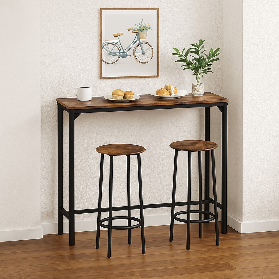 image 1 of CANCUN Bar Table & Stools Set Kitchen Dining Breakfast Industrial Furniture | Multi | 3 Piece Rustic Brown