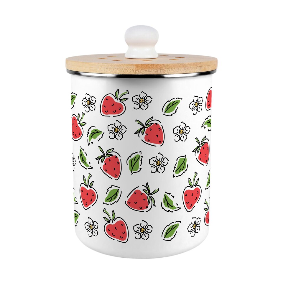 image 1 of Strawberry Flowers Food Waste Caddy - Metal 2L Decorative Kitchen Compost Bin
