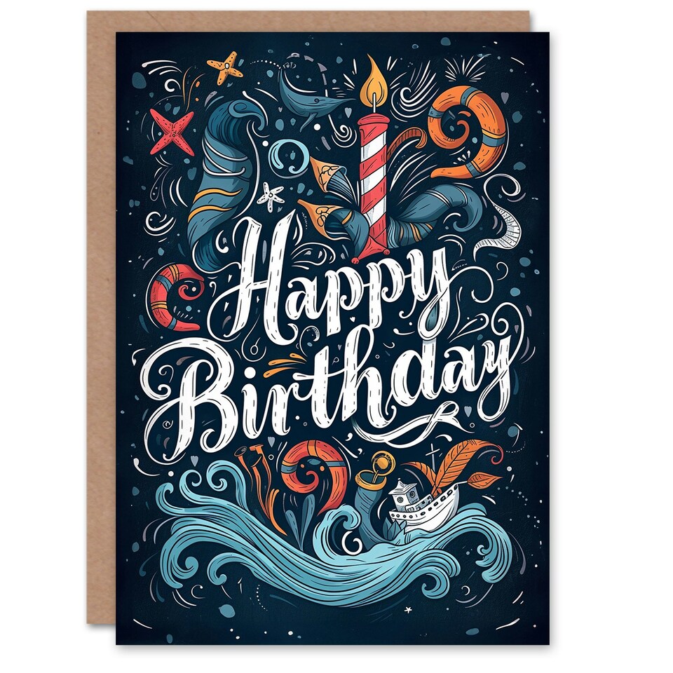 image 1 of Surreal Nautical Boat Waves Candle Man Him Birthday Card