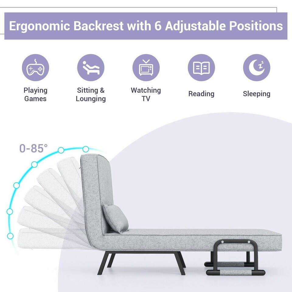 image 1 of COSTWAY Convertible Single Folding Sofa Bed Sleep Chair Grey Grey