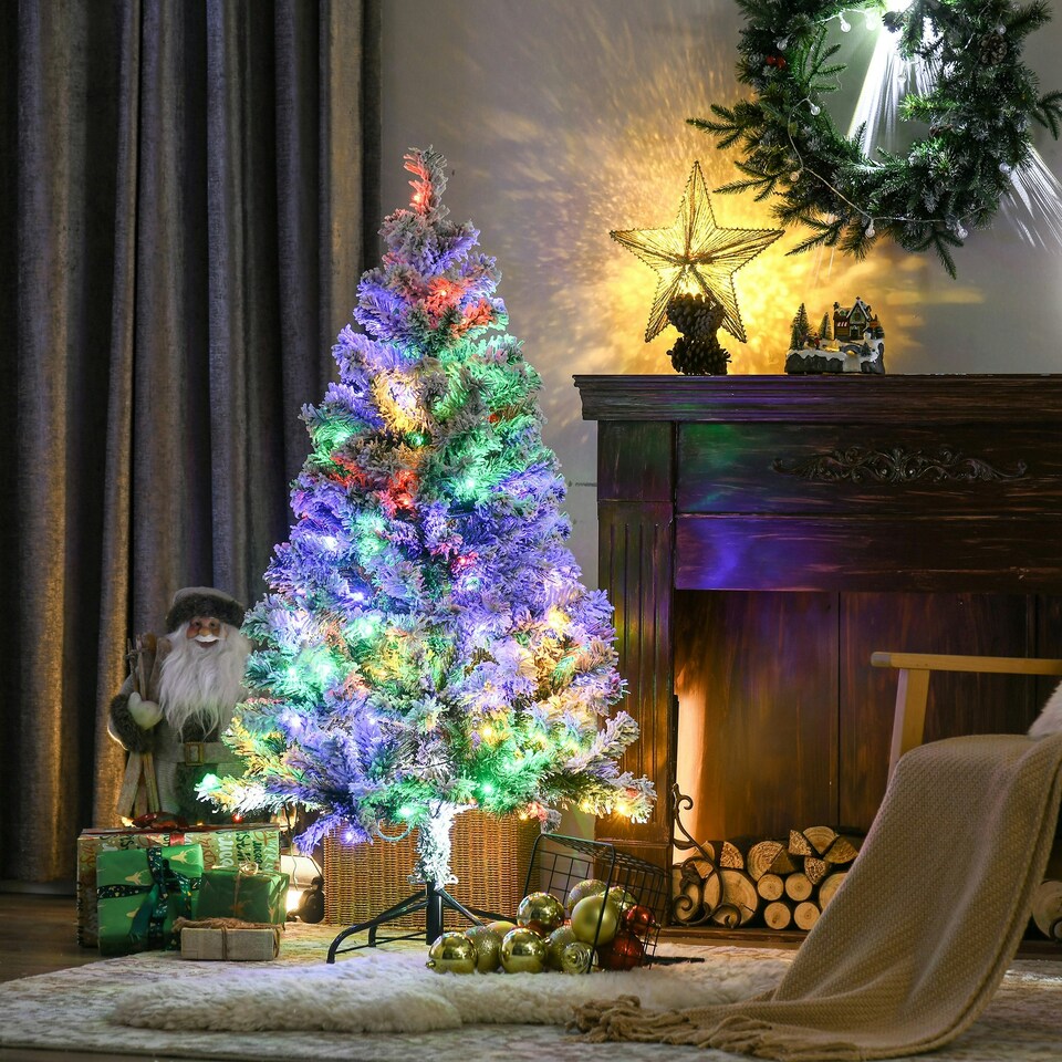 image 1 of HOMCOM 4.5ft Artificial Flocked Christmas Tree with LED Lights, Snow Branches