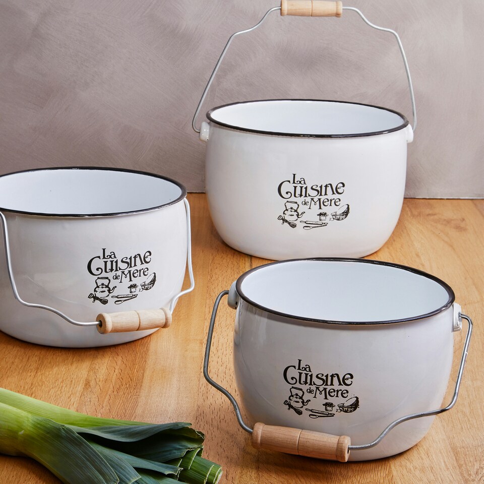 image 1 of Interiors By Premier Set of 3 Enamel Storage Pots, White Decorative Kitchen Canisters With Handles, Sturdy Storage Pots For Tools