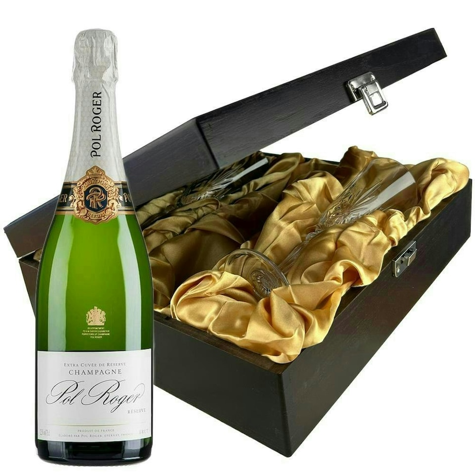 image 1 of Pol Roger Brut Reserve Champagne and Flutes in Wooden Hinged Presentation Box 75cl 12.5% abv
