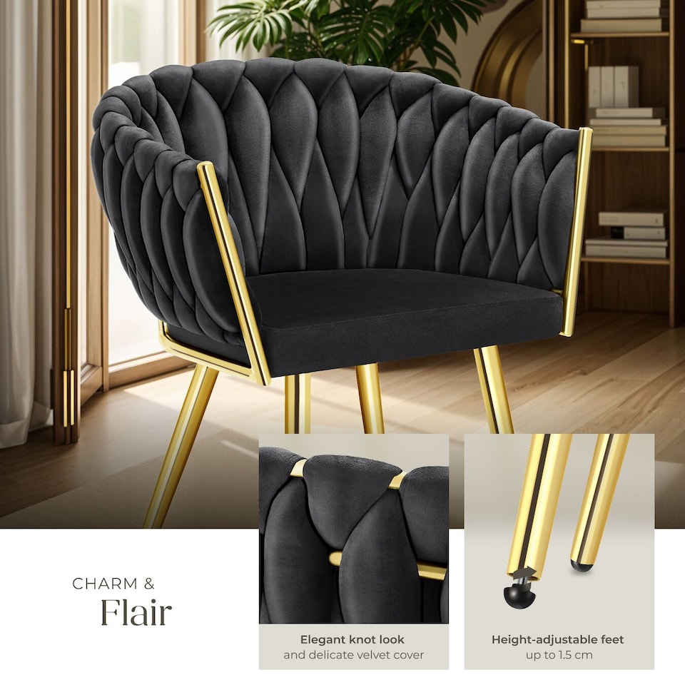 image 1 of Dining Chair Astano - padded, velvet, knot design, continuous backrest | Black | black/gold | 6