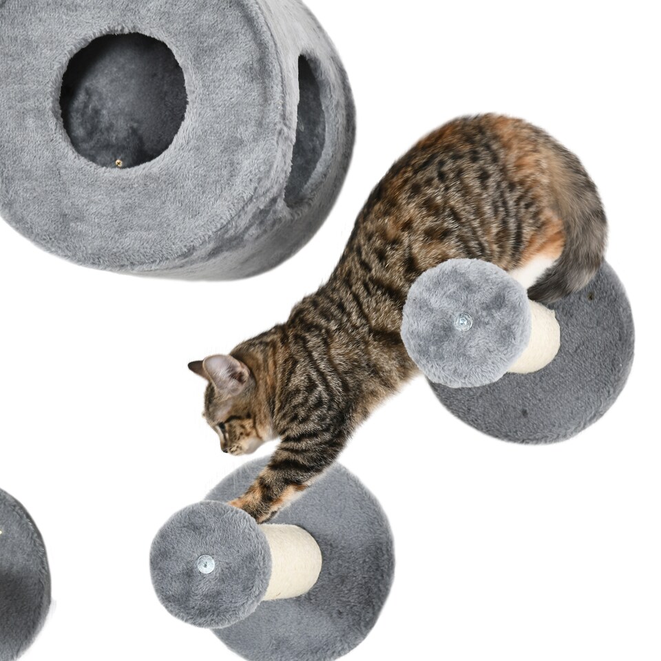 image 1 of PawHut 5Pcs Cat Wall Furniture with Perch, Cat House, Scratching Post, Wall-Mounted Cat Tree for Indoor Kittens - Grey