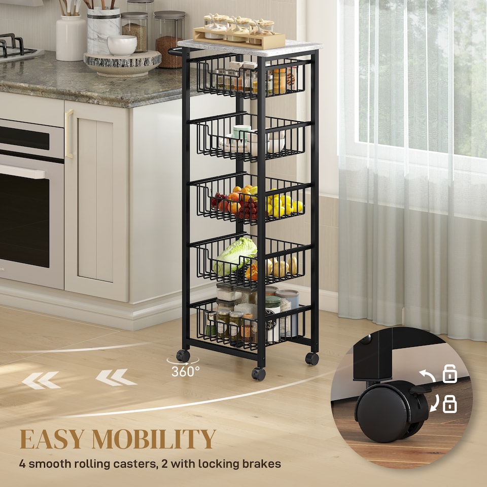 image 1 of HOMCOM 5-Tier Kitchen Island on Wheels with 5 Pull-Out Baskets, Light Grey