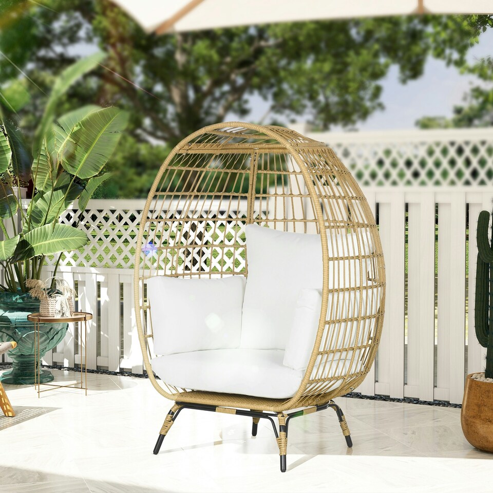 image 1 of Outsunny PE Rattan Egg Chair w/ Padded Cushions for Garden, Khaki