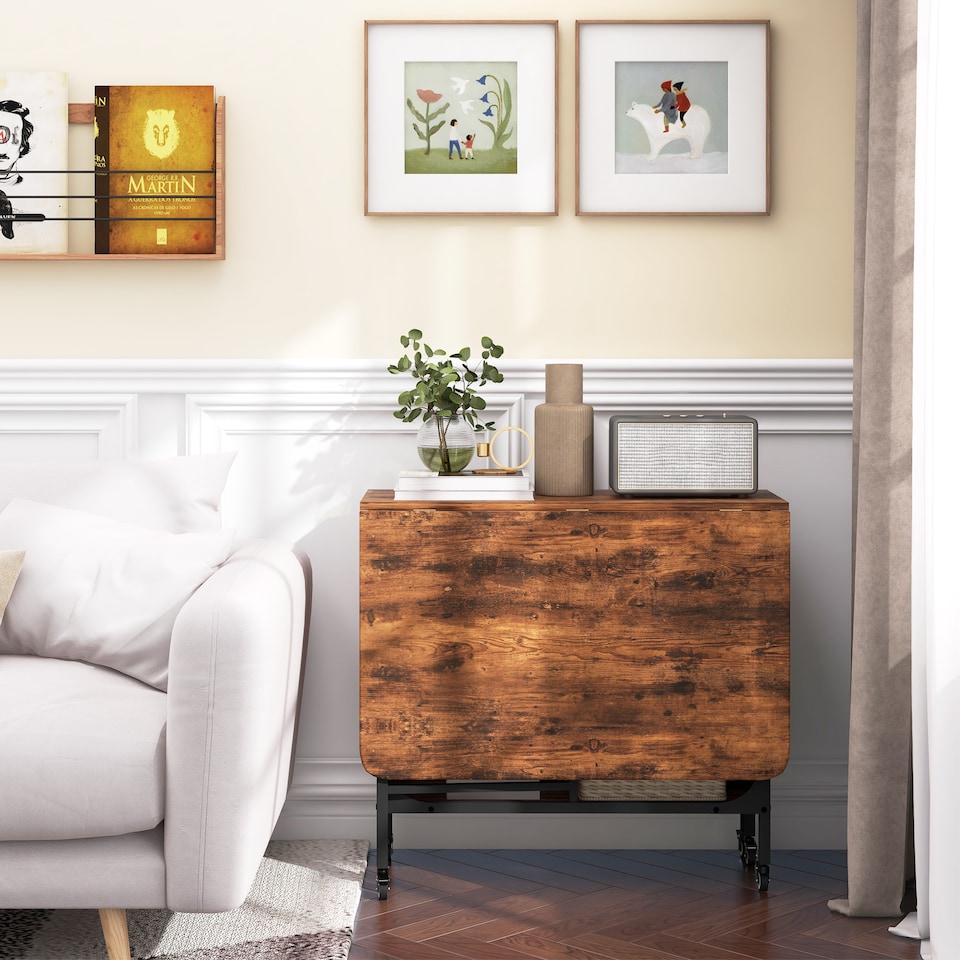 image 1 of HOMCOM Mobile Drop Leaf Table, Folding Dining Table with 6 Wheels & Storage Shelf for Small Spaces, Kitchen, Dining Room, Rustic Brown