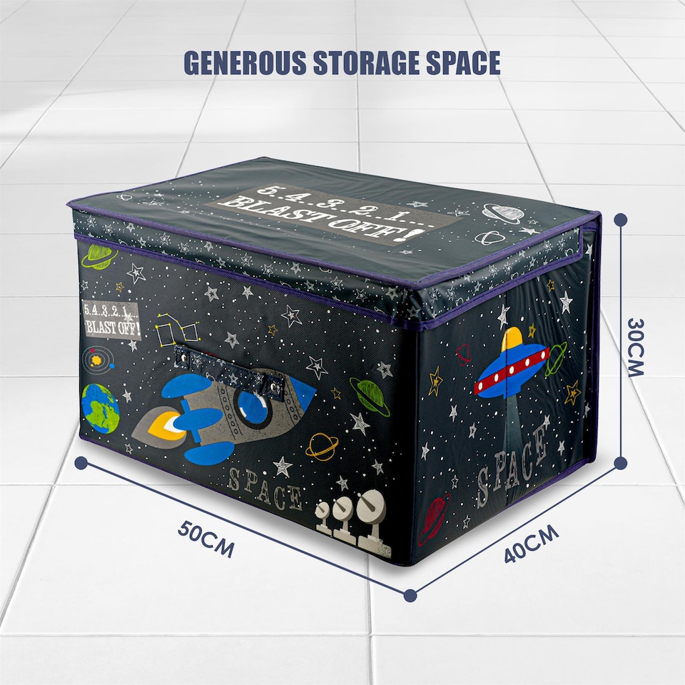 image 1 of The Magic Toy Shop Space Themed Kids Storage Box Large Black Foldable Organizer 50x30x40cm