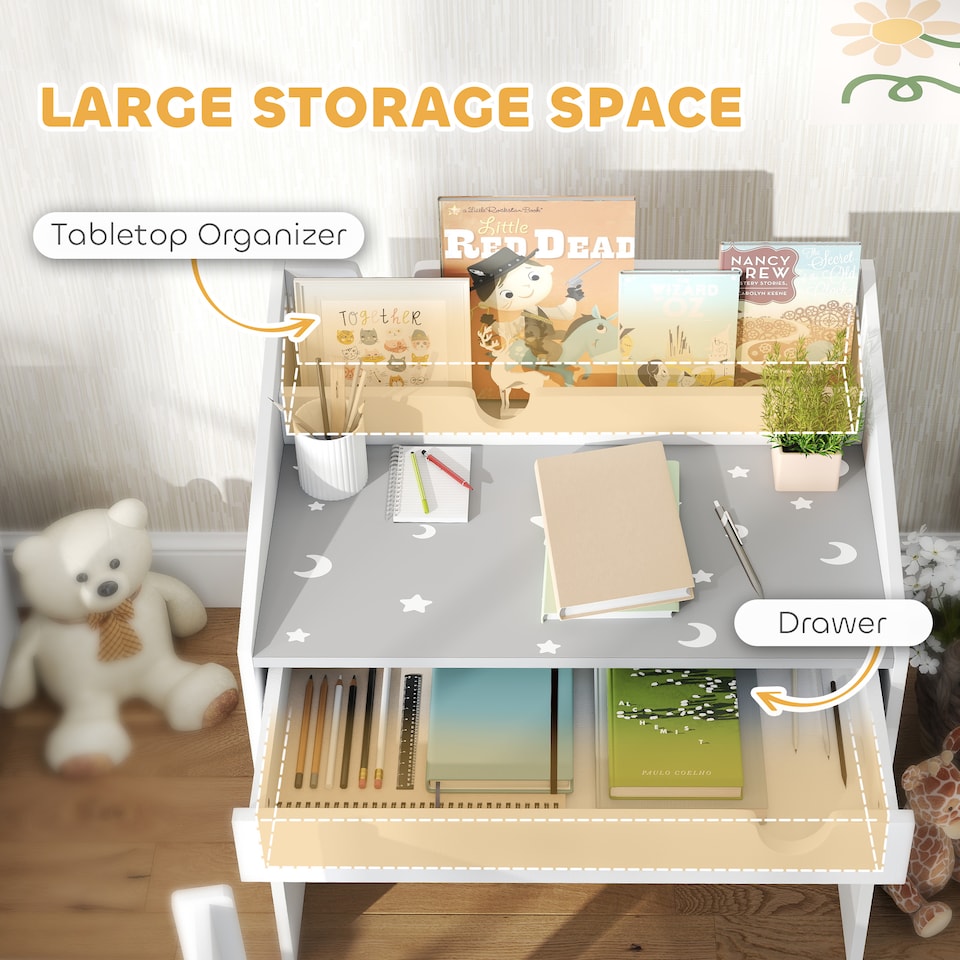 image 1 of AIYAPLAY Children Study Table and Chair w Storage, Pull-Out Drawer | Grey