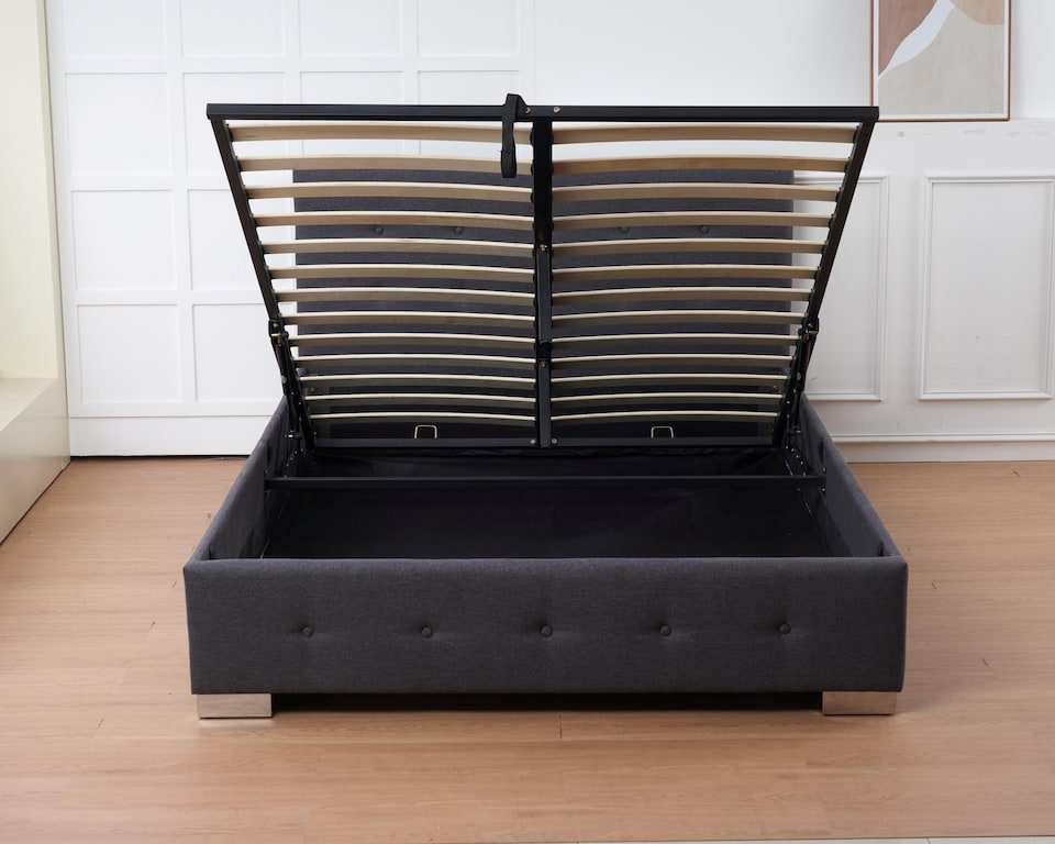 image 1 of The Oslo Charcoal Linen Tufted Ottoman Bed Frame - Double | Grey | Charcoal | Double