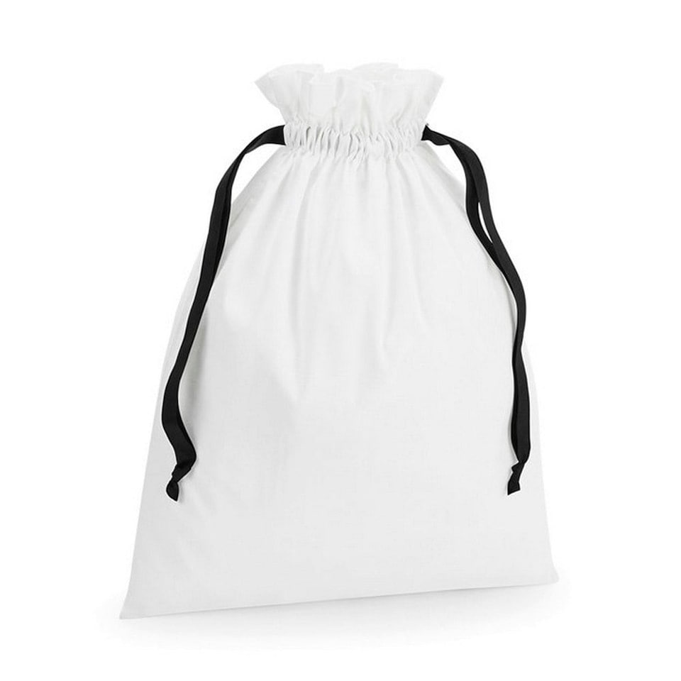 Westford Mill Ribbon Cotton Drawstring Gift Bag - Soft White/Black - 22cm x 15cm | White | 1