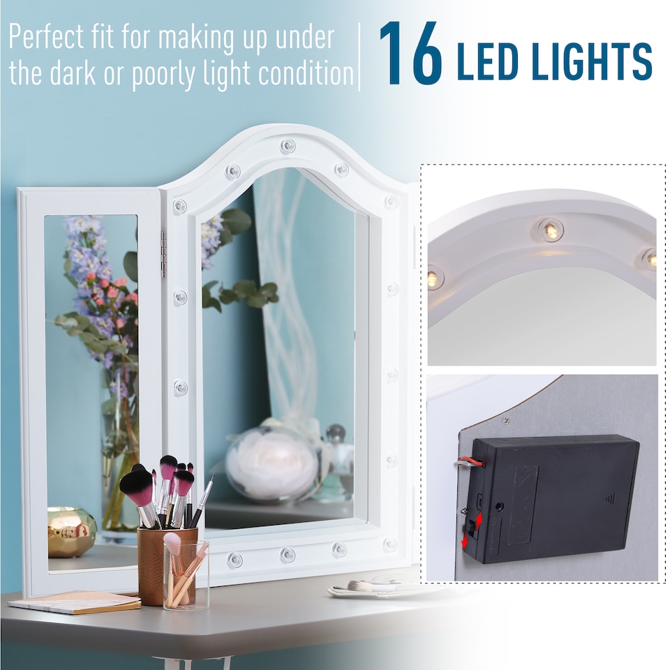 image 1 of HOMCOM Trifold Tabletop Mirror, 7353.5cm Makeup Mirror Large Cosmetic w16 LED Lights Powered by Batteries, Foldable For Bedroom, White