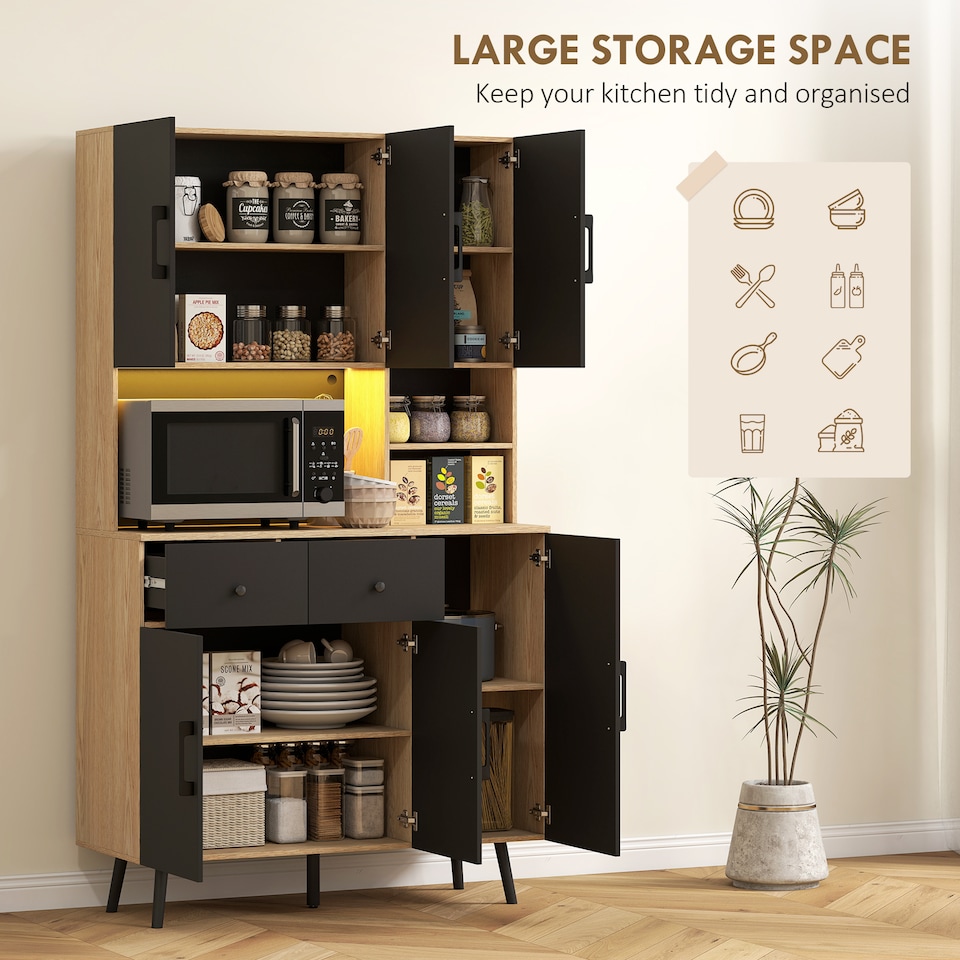 image 1 of HOMCOM Tall Kitchen Cupboard with LED Lights and Adjustable Shelves, Oak