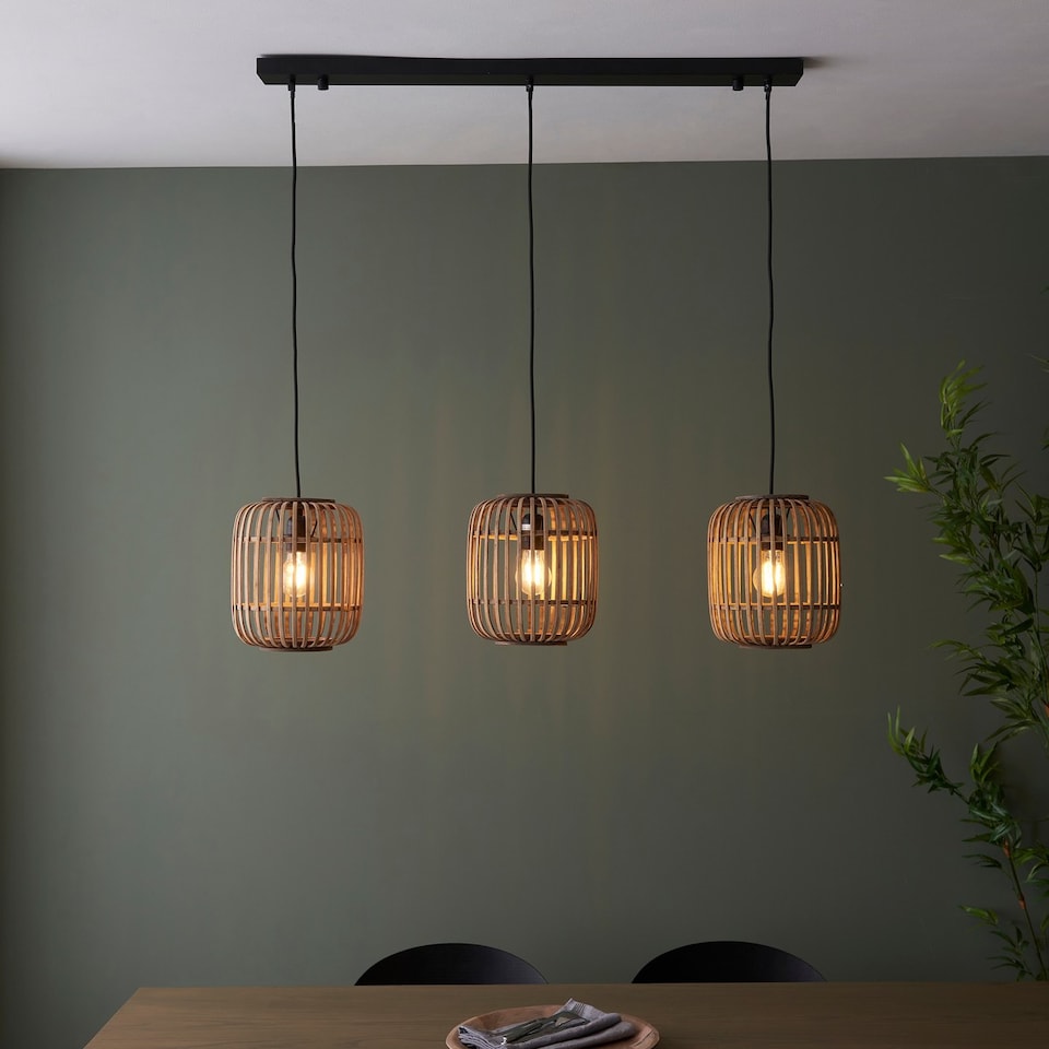 image 1 of Mathias Bar Pendant Ceiling Lamp, Natural Bamboo, Plywood, Matt Black Paint
