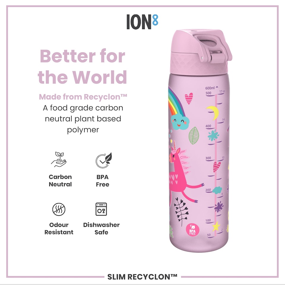 image 1 of Leak Proof Slim Water Bottle, BPA Free, 500ml (18oz) | Pink | Unicorns | One Size