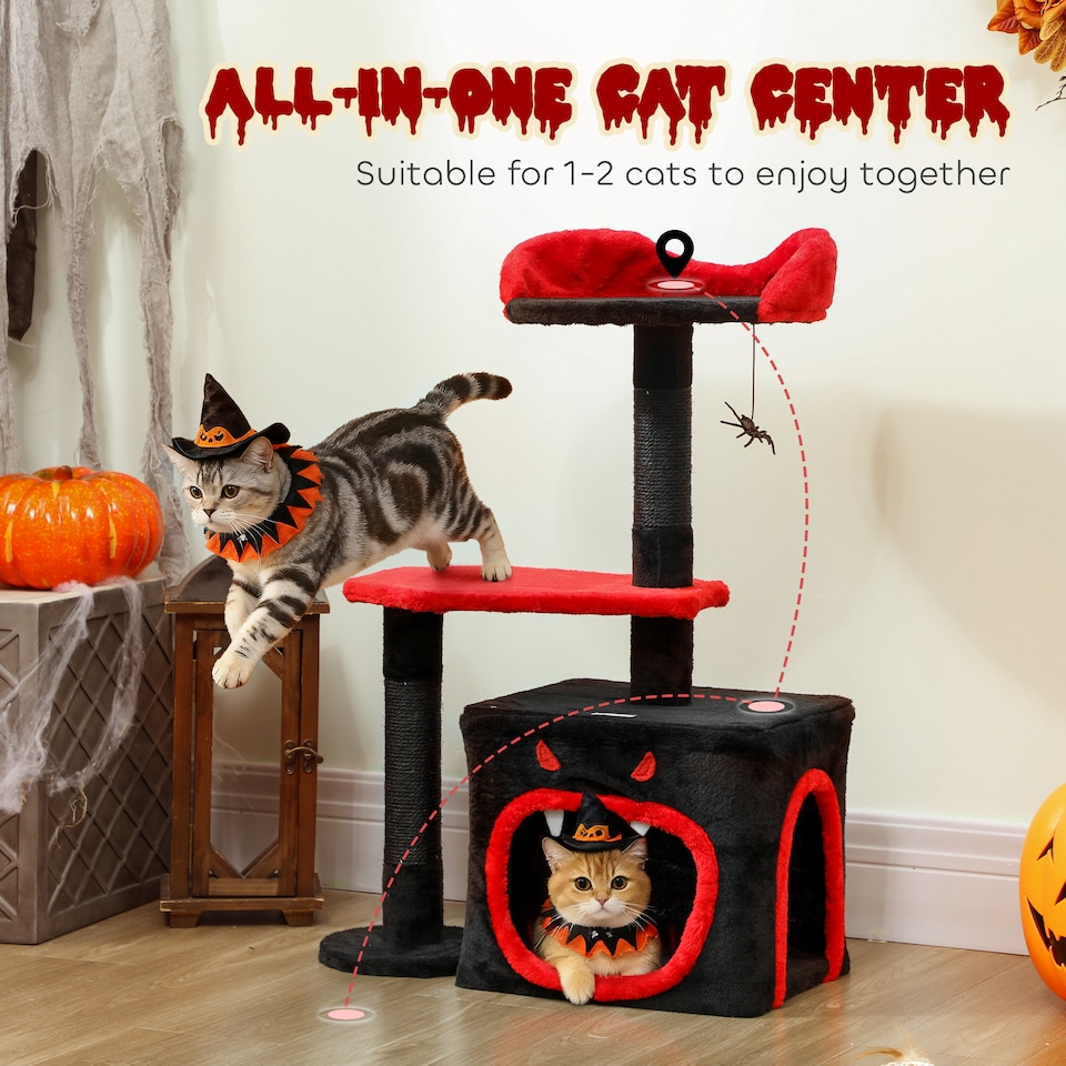 image 1 of PawHut Gothic Cat Tree with Scratching Posts, Black, Halloween