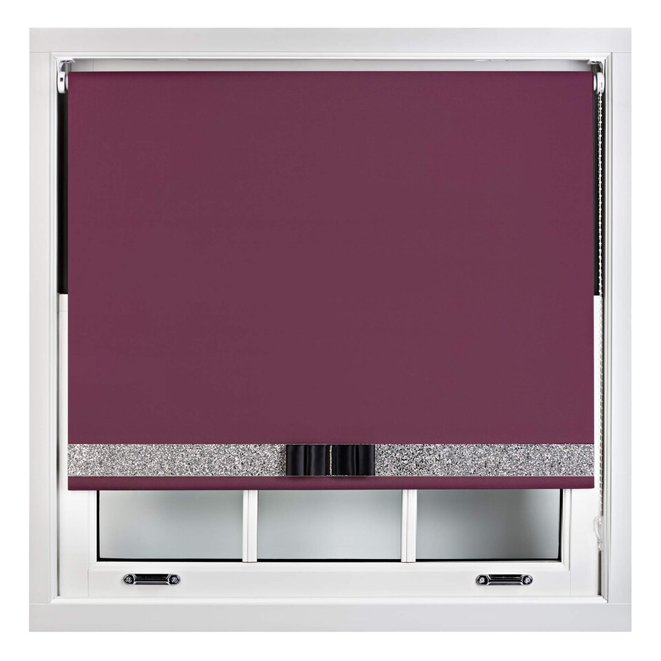 image 1 of FURNISHED Blackout Roller Blind with Silver Glitter Trim and Black Bow Trimmable Window Shade | Purple | Aubergine | (W) 130cm x (L) 165cm