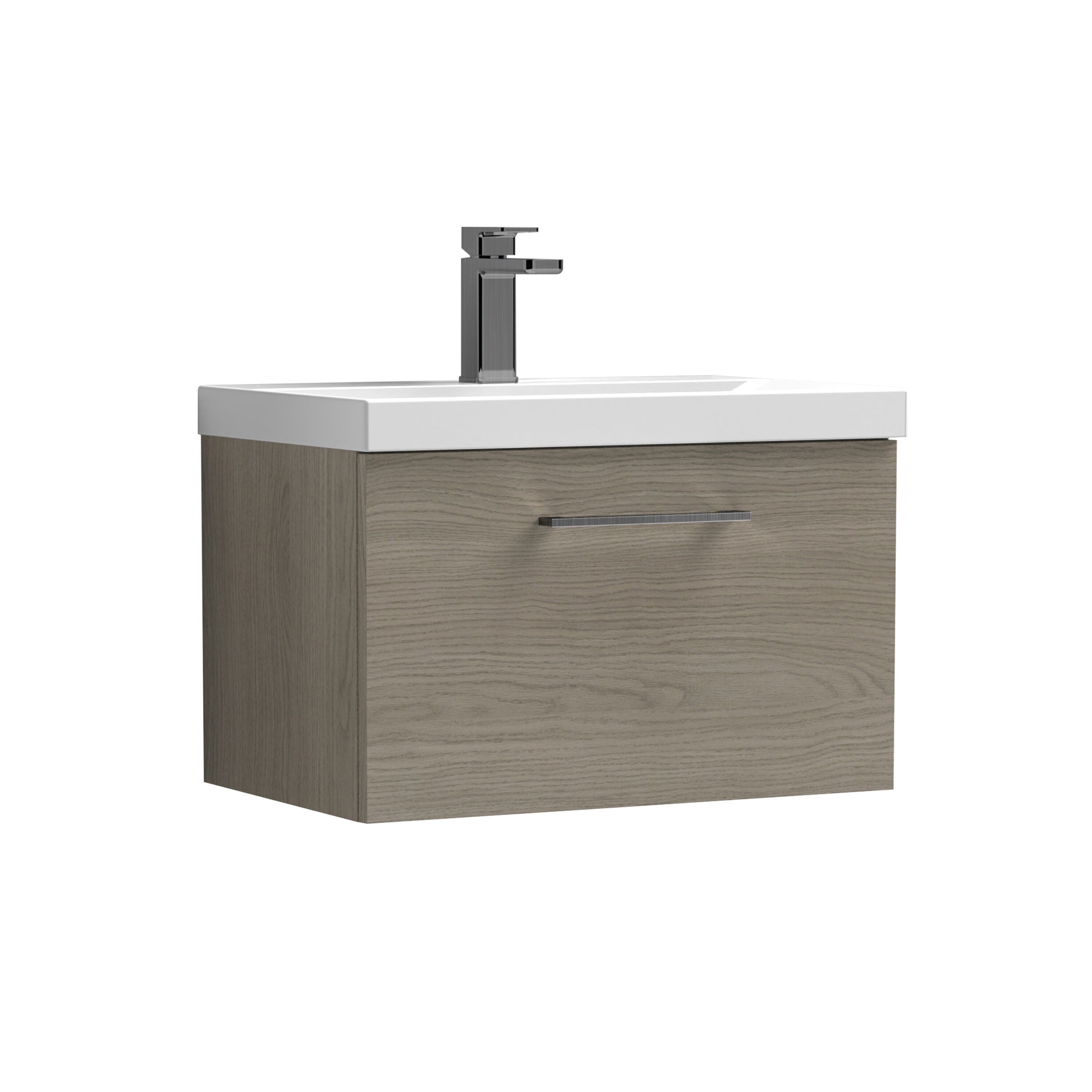 Balterley 600mm Wall Hung Bathroom 1 Drawer Vanity Unit And 1 Tap Hole Ceramic Basin, Woodgrain Mid Oak With Brushed Pewter Handle