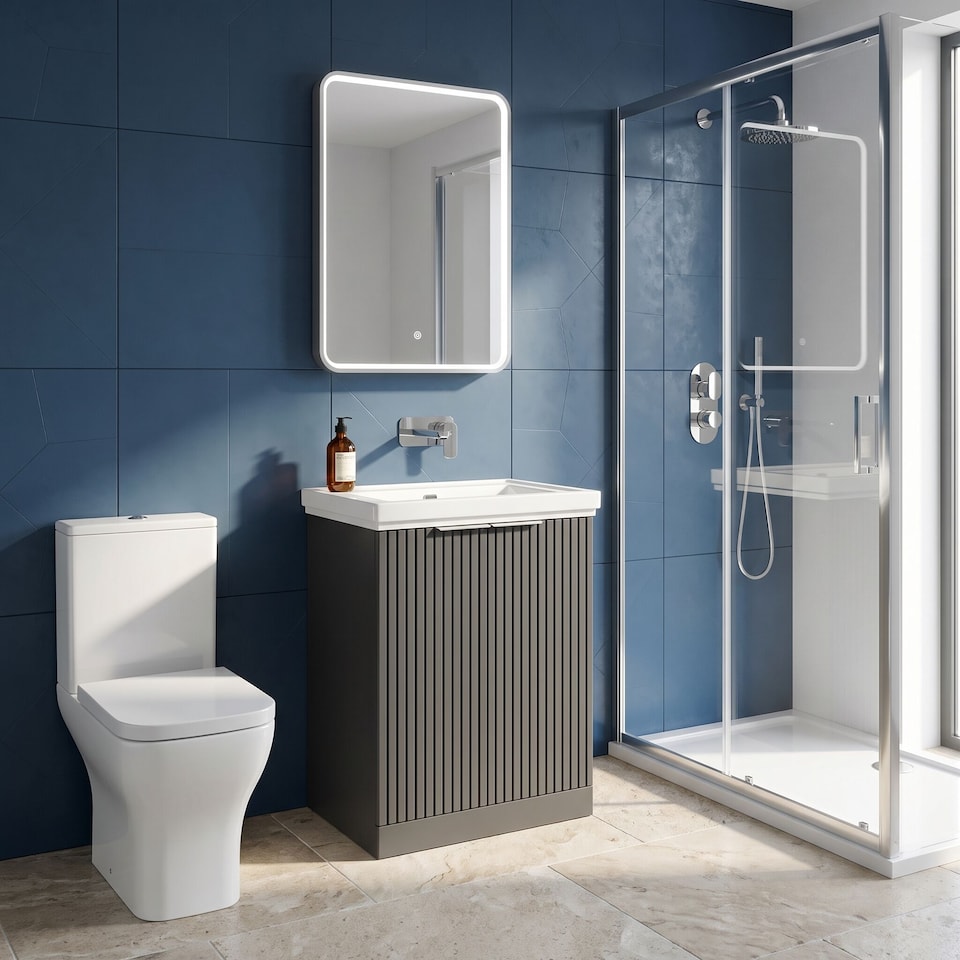 image 1 of Balterley Callingwood Contemporary Floor Standing 2 Door Vanity Unit with Traditional 0 Tap Hole Fireclay Basin , 600mm, Dark Grey