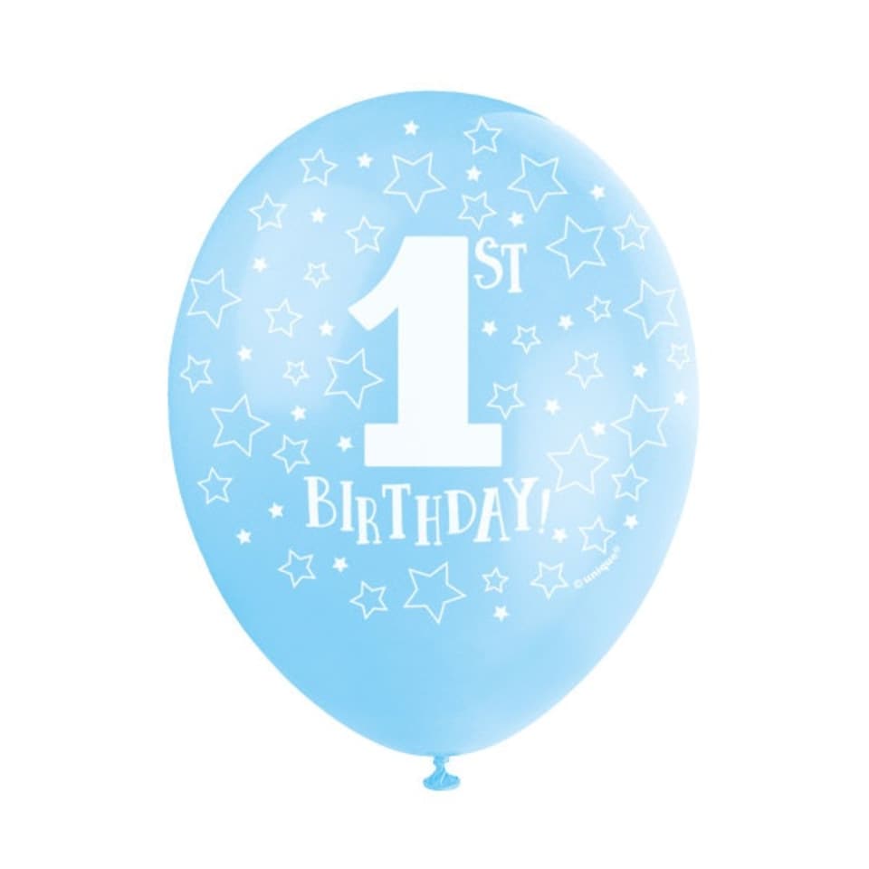 image 1 of Pack of 5 Blue 1st Birthday 12" Latex Balloons