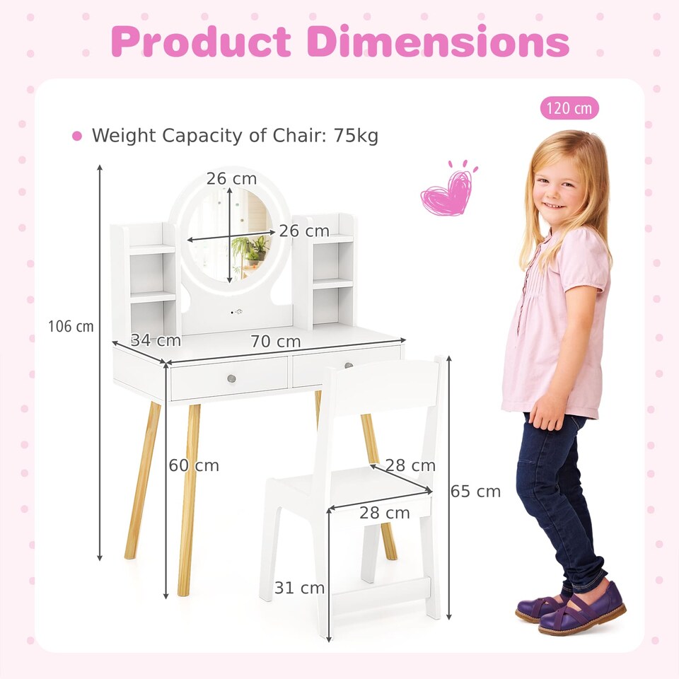 image 1 of COSTWAY Kids Vanity Set Princess Vanity Desk Set White