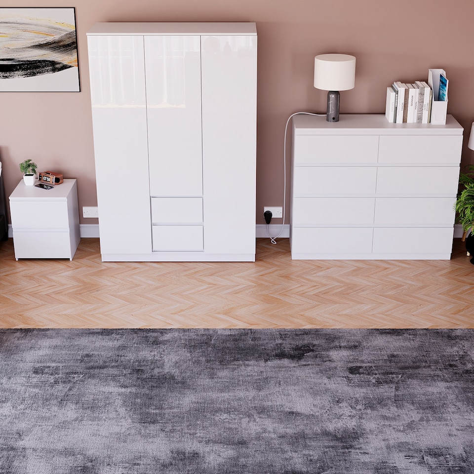 image 1 of Vida Designs Glinton 3 Piece FSC Certified Bedroom Set (2 Drawer Bedside Chest, 8 Drawer Chest, 3 Door 2 Drawer Wardrobe), White | White | White | L | 3