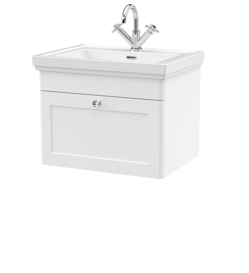 image 1 of Bathroom Wall Hung 1-Drawer Vanity Unit & Fireclay Basin, White, 600mm | White | Satin White | 471 x 631 x 496mm