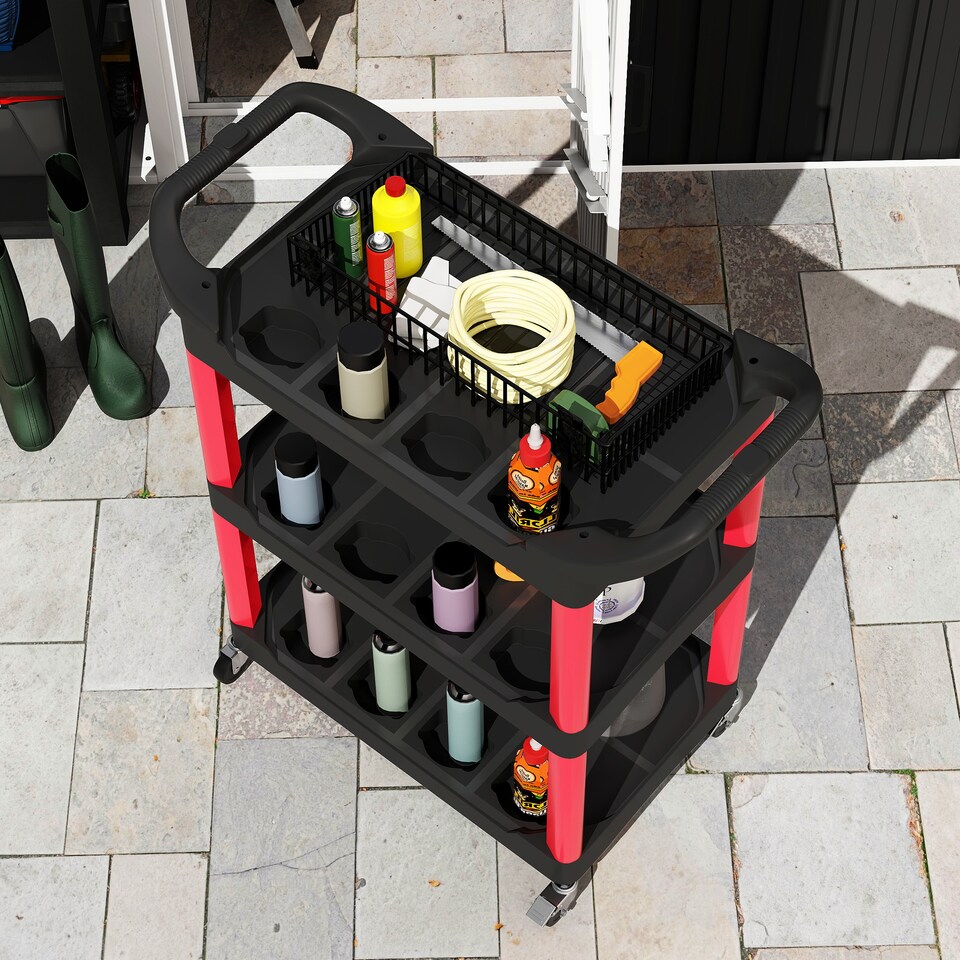 image 1 of HOMCOM 3-Tier Rolling Tool Cart, Tool Trolley on Wheels for Garage, Black | Red | Black and Red