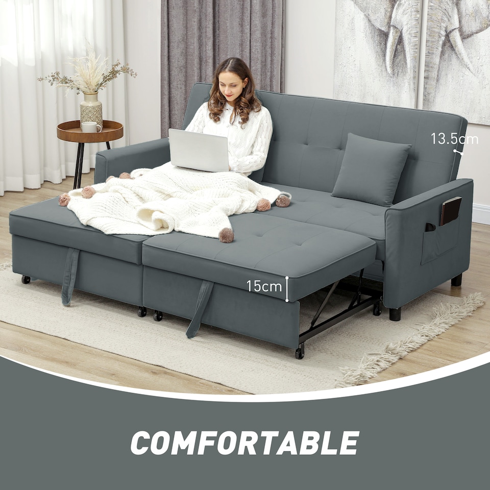 image 1 of HOMCOM Sectional Sofa Bed, L-Shaped 3 Seater Sofa Bed, Reversible Sleeper Sofa with Pull Out Couch Bed, Cushions, Fabric Futon Sofa Bed for Living Room, Grey | Grey | One Size
