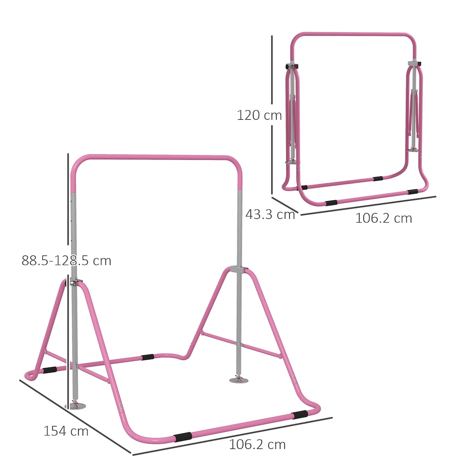 image 1 of HOMCOM Kids Gymnastic Bar w/ Adjustable Height, Foldable Training Bar - Pink | Pink | Pink | 154L x 106.2W x 88.5-128.5H cm