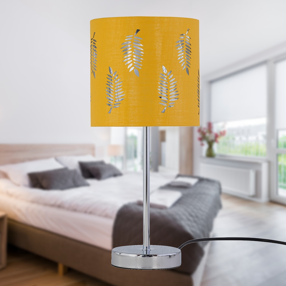 image 1 of Set of 2 Chrome Touch Table Lamps with Ochre Mustard Fern Shades | Chrome | Polished chrome plate and ochre cotton with silver inner detail | 2