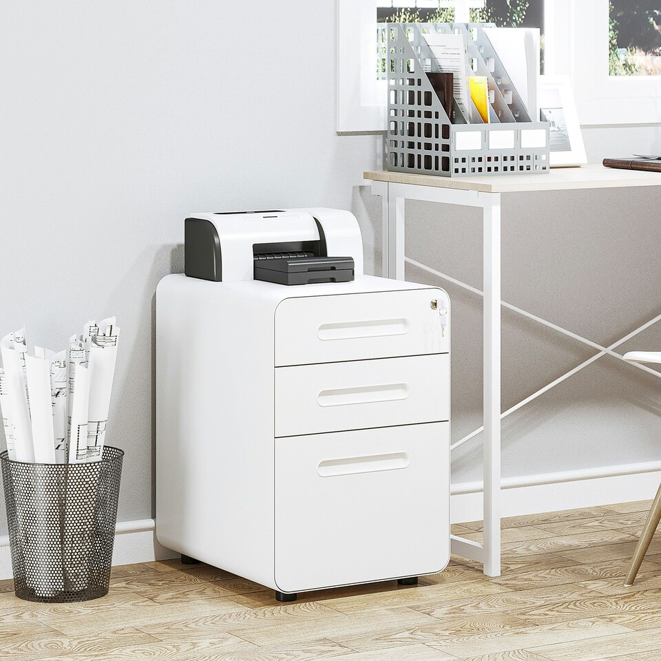image 1 of Vinsetto 3 Drawer Steel Filing Cabinet w/ 4 Wheels Lock Pencil Box